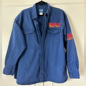 Vintage Wrangler Shirt Blue Rancher Rodeo Bull Rider Brushpopper. Size XL/XXL.